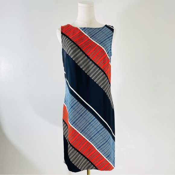 Ann Taylor Sleeveless Geometric Design Dress in Blues & Orange Size 4 EUC - Picture 1 of 9